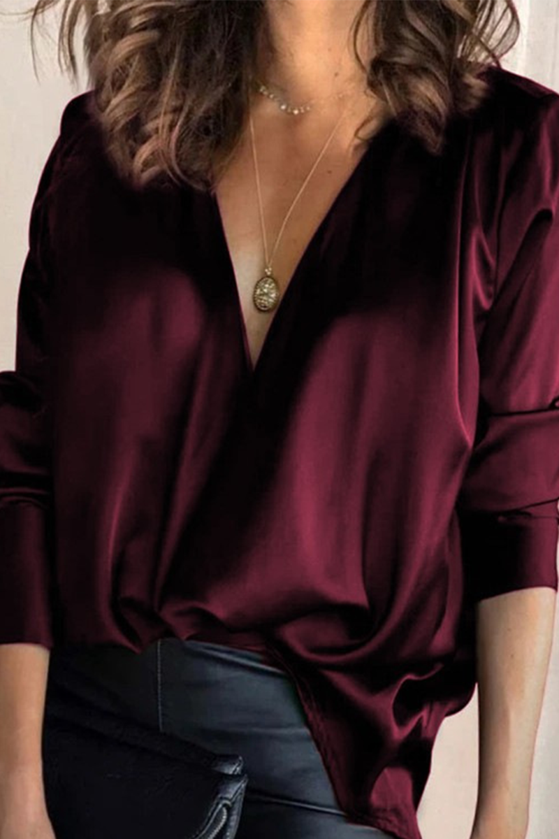 Damska Bluzka z Dekoltem w Szpic i Długim Rękawem - Bordowy