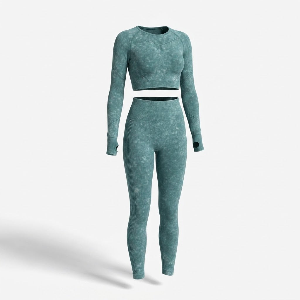 Damski Komplet Sportowy Crop Top i Legginsy z Długim Rękawem - Niebieskozielony