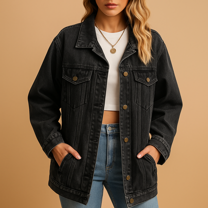 Damska Kurtka Jeansowa Oversize z Ociepleniem - Czarny