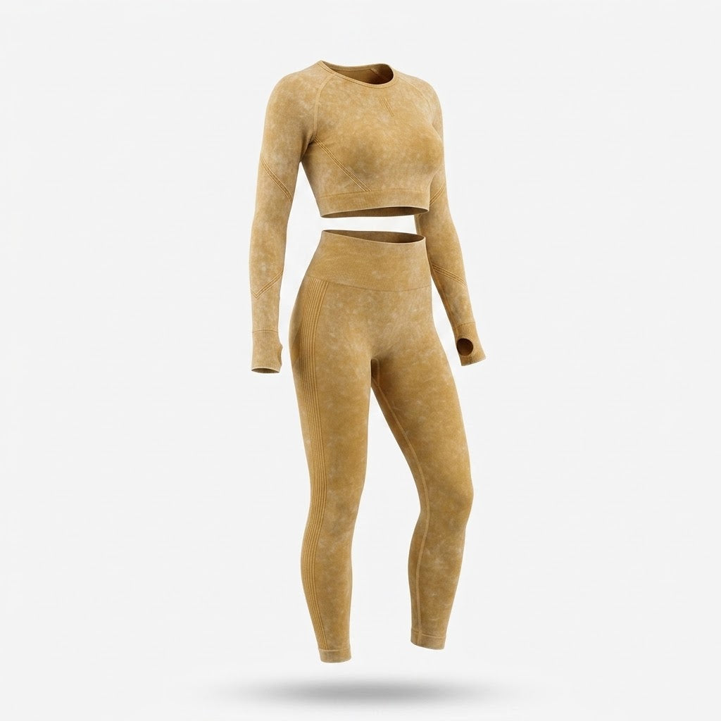 Damski Komplet Sportowy Crop Top i Legginsy z Długim Rękawem - Żółty