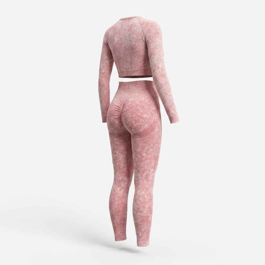 Damski Komplet Sportowy Crop Top i Legginsy z Długim Rękawem - Różowy