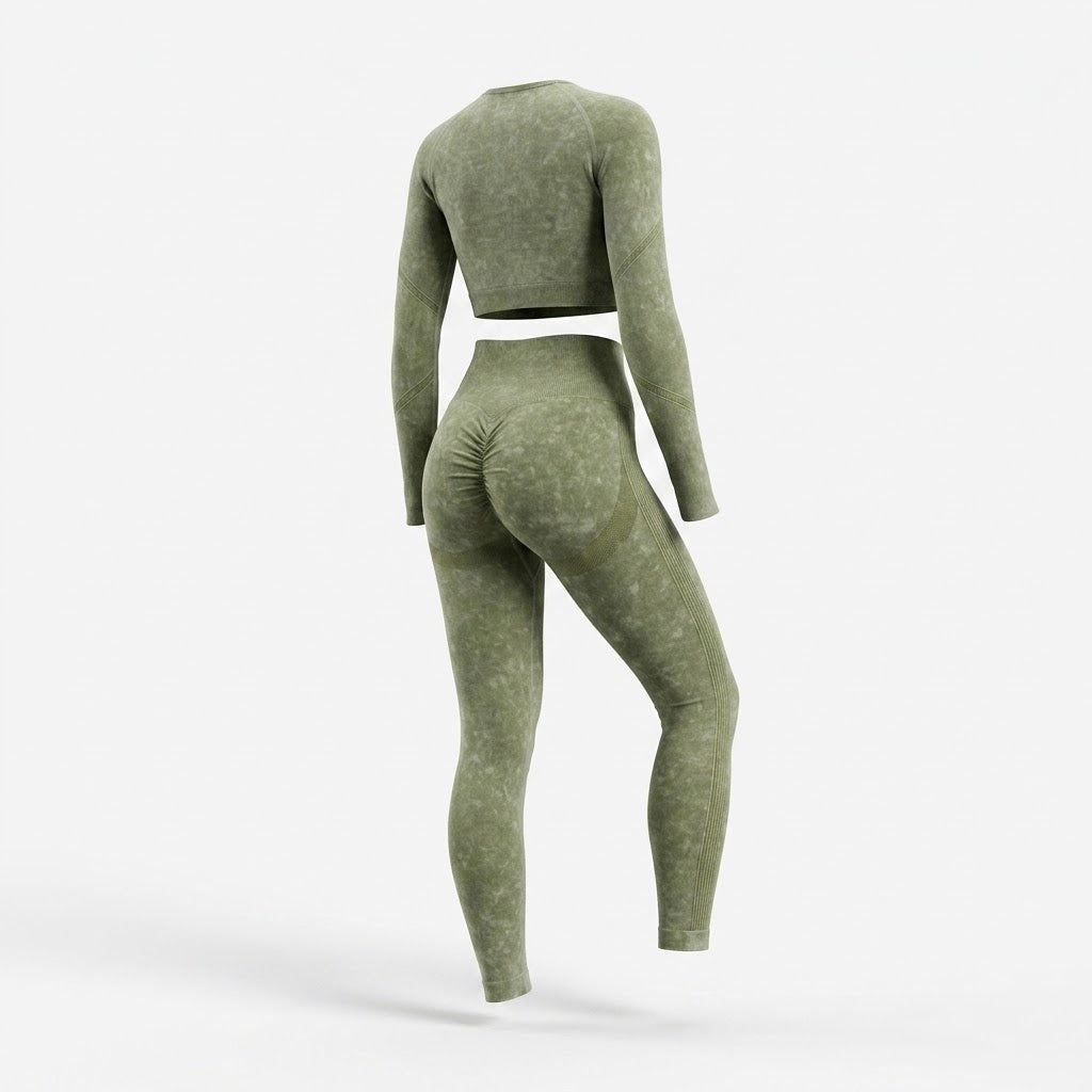 Damski Komplet Sportowy Crop Top i Legginsy z Długim Rękawem - Oliwkowy