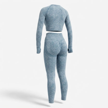 Damski Komplet Sportowy Crop Top i Legginsy z Długim Rękawem - Jasnoniebieski