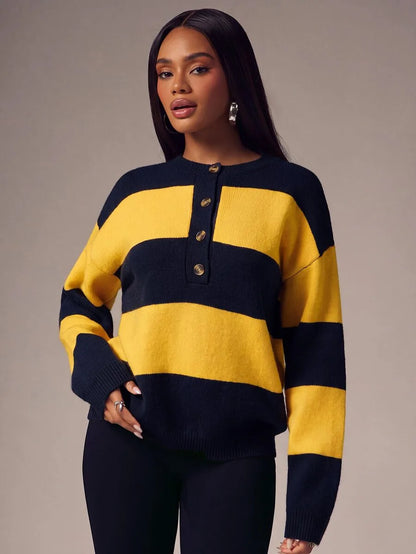 Damski Oversize Sweter z Guzikami i Okrągłym Dekoltem - 31