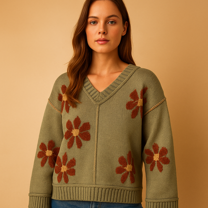 Damski Sweter z Dekoltem w Serek w Kwiaty - 2