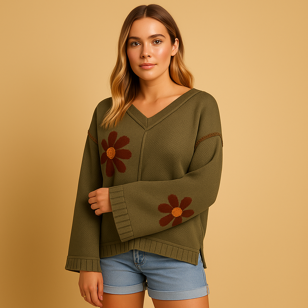 Damski Sweter z Dekoltem w Serek w Kwiaty - Oliwkowy
