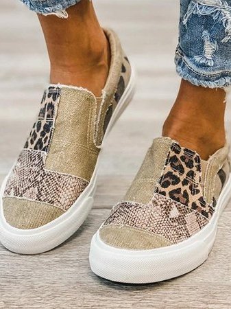 Damskie Wsuwane Sneakersy Patchworkowe ze Zwierzęcym Nadrukiem - Khaki