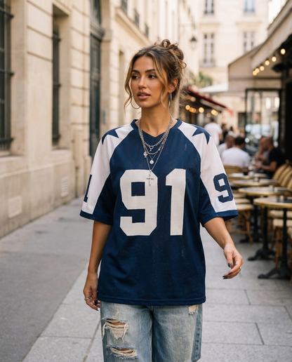Damska Oversizowa Koszulka z Kontrastowymi Rękawami i Sportowym Nadrukiem Cyfr