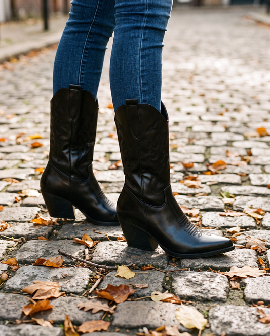 Damskie Kozaki Western z Haftowaną Cholewką i Szpiczastym Noskiem