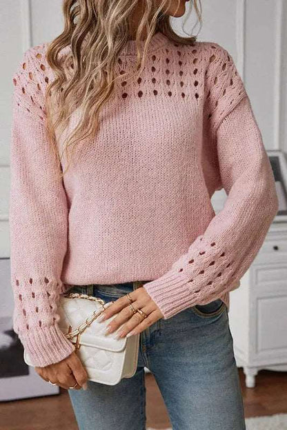 Damski Sweter z Ażurowym Wykończeniem i Okrągłym Dekoltem - 5