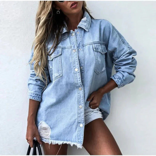 Damska Kurtka Jeansowa Oversize z Przetarciami - Jasnoniebieski