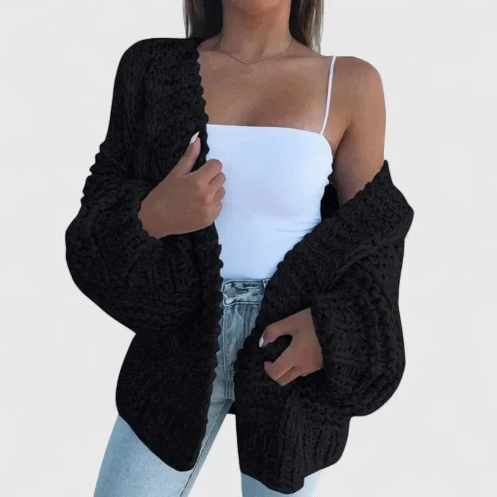Damski Sweter Rozpinany Oversize z Grubym Splotem i Luźnym Krojem - Czarny