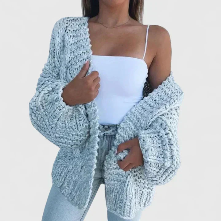 Damski Sweter Rozpinany Oversize z Grubym Splotem i Luźnym Krojem - Błękitny