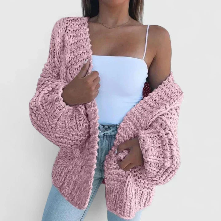 Damski Sweter Rozpinany Oversize z Grubym Splotem i Luźnym Krojem - Różowy