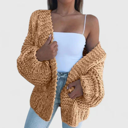 Damski Sweter Rozpinany Oversize z Grubym Splotem i Luźnym Krojem - Brązowy