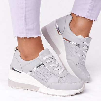Damskie Sneakersy na Koturnie z Metalicznym Wykończeniem - Szary