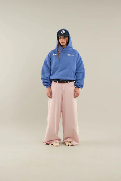 Damska Bluza Oversize z Kapturem i Kieszenią Kangurką - Niebieski