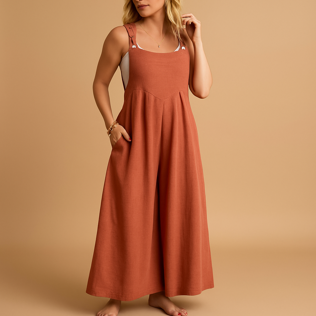 Damska Długa Pinafore Jumpsuit z Szerokimi Nogawkami - Pomarańczowy