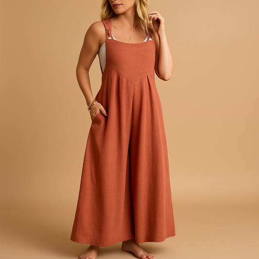 Damska Długa Pinafore Jumpsuit z Szerokimi Nogawkami - Pomarańczowy