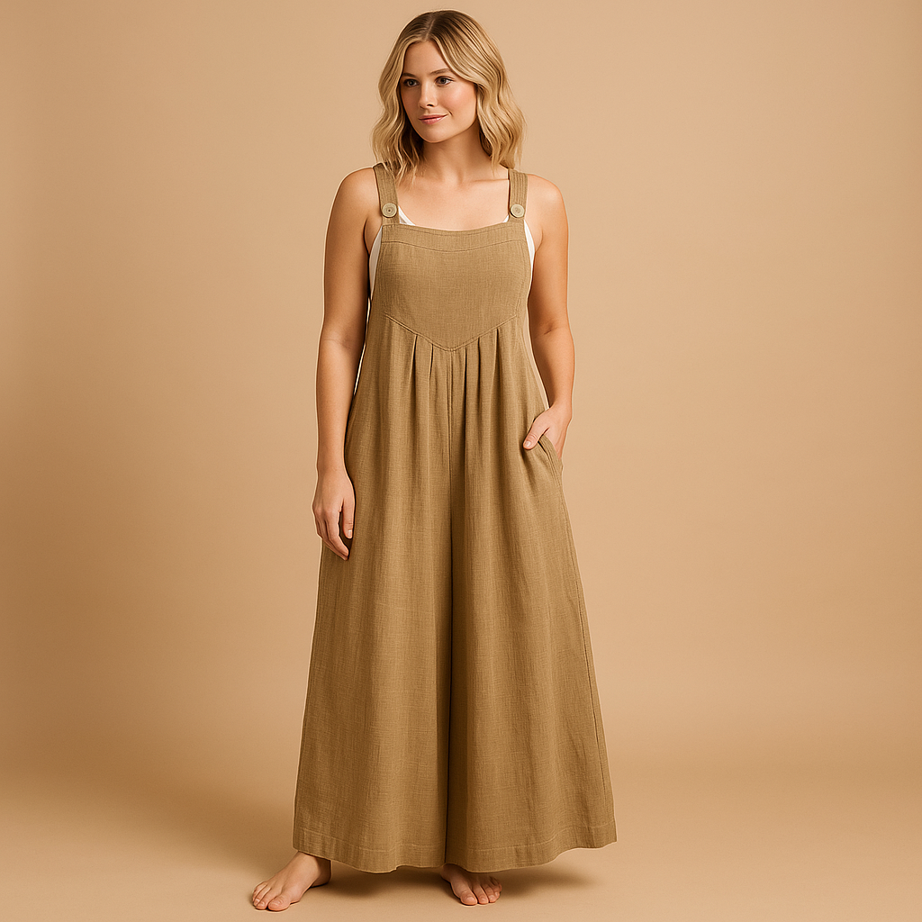 Damska Długa Pinafore Jumpsuit z Szerokimi Nogawkami - Khaki