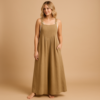 Damska Długa Pinafore Jumpsuit z Szerokimi Nogawkami - Khaki