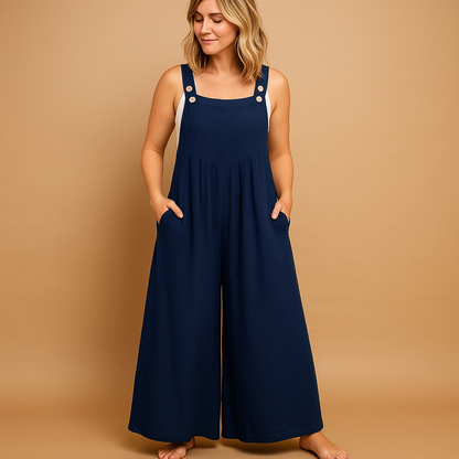 Damska Długa Pinafore Jumpsuit z Szerokimi Nogawkami - Granatowy