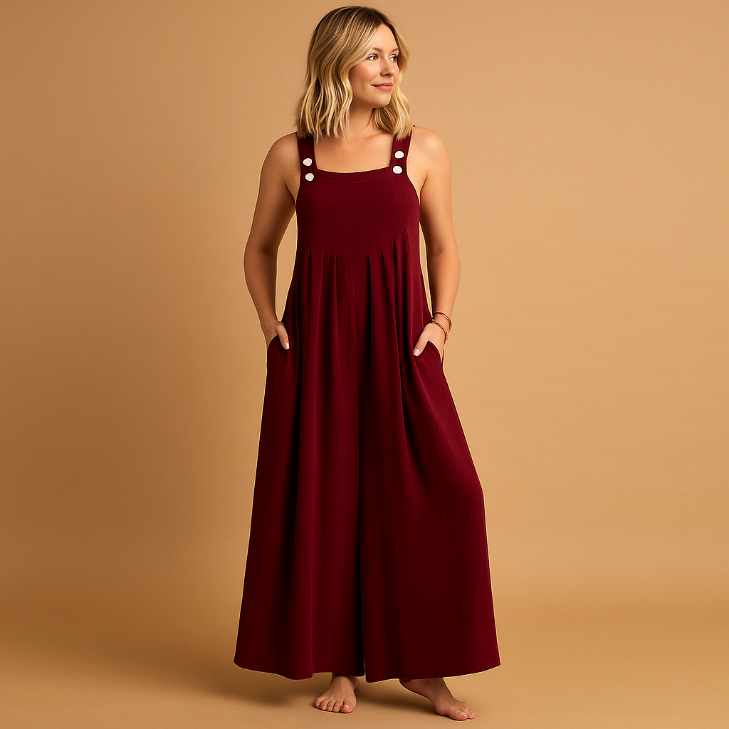 Damska Długa Pinafore Jumpsuit z Szerokimi Nogawkami - Bordowy