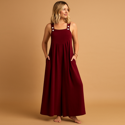 Damska Długa Pinafore Jumpsuit z Szerokimi Nogawkami - Bordowy
