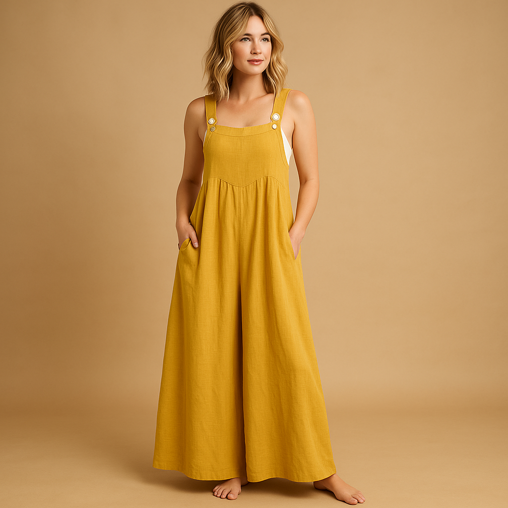 Damska Długa Pinafore Jumpsuit z Szerokimi Nogawkami - Żółty