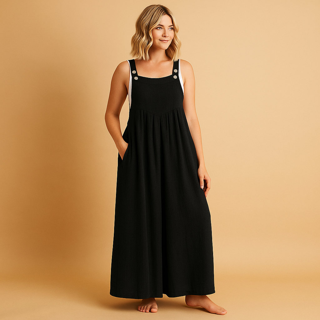 Damska Długa Pinafore Jumpsuit z Szerokimi Nogawkami - Czarny