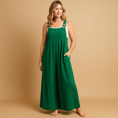 Damska Długa Pinafore Jumpsuit z Szerokimi Nogawkami - Zielony