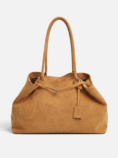 Damska Torba Shopper z Klamrą i Zamszowym Wykończeniem - Karmelowy