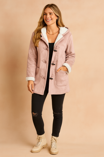 Damska Kurtka Zimowa z Kapturem i Zapięciem na Drewniane Guziki - Jasny Róż