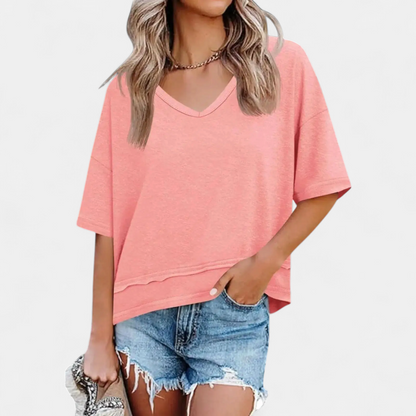 Damska Luźna Bluzka z Dekoltem w Serek i Krótkim Rękawem - Różowy