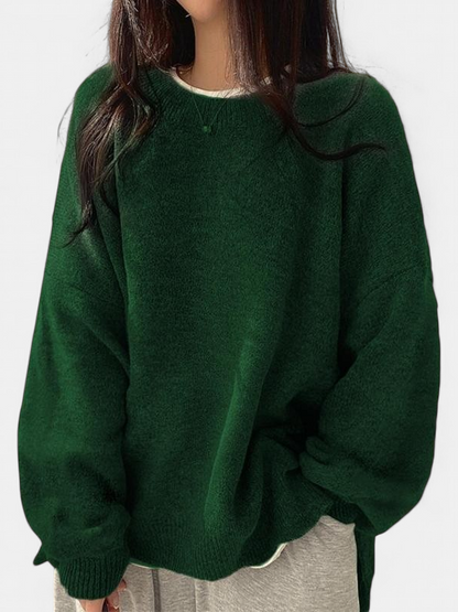 Damski Sweter Oversize z Opuszczonymi Ramionami i Rozcięciami przy Dole - Ciemnozielony