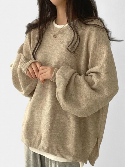 Damski Sweter Oversize z Opuszczonymi Ramionami i Rozcięciami przy Dole - Khaki