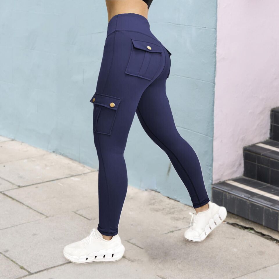 Damskie Legginsy Sportowe z Kieszeniami Cargo - Granatowy