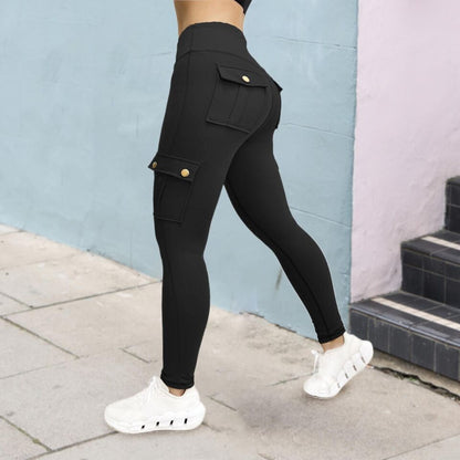Damskie Legginsy Sportowe z Kieszeniami Cargo - Czarny