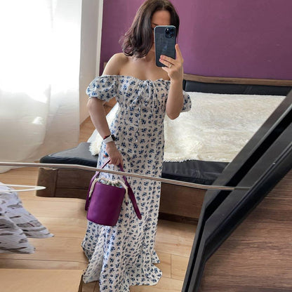 Damska Sukienka Midi w Kwiaty z Bufiastymi Rękawami i Rozcięciem - 8
