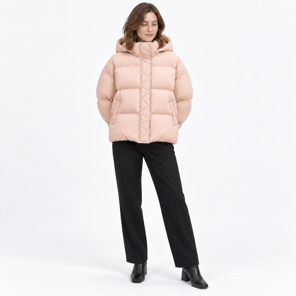 Damska Kurtka Puchowa z Kapturem - Jasnoróżowy