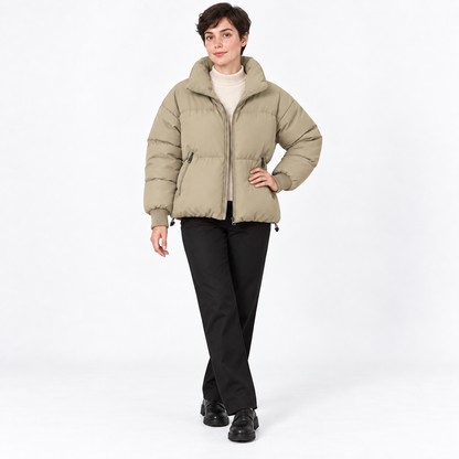 Damska Pikowana Kurtka Puffer z Wysokim Kołnierzem - Khaki