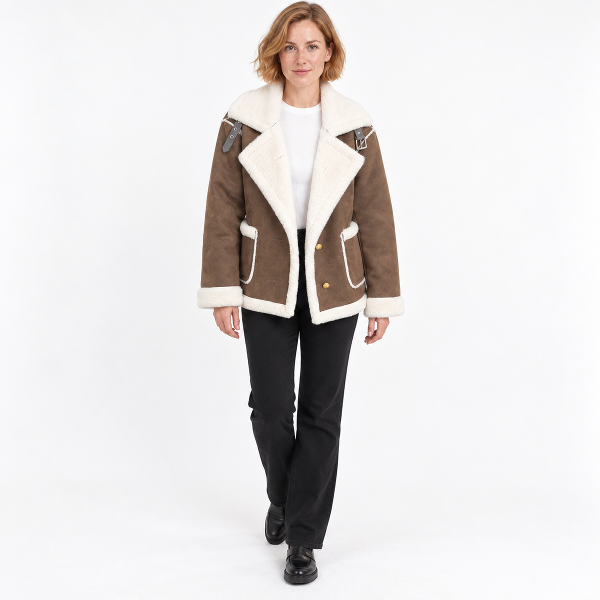 Damska Kurtka Zamszowa z Wykończeniem Shearling - Brązowy