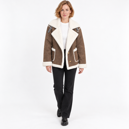 Damska Kurtka Zamszowa z Wykończeniem Shearling - Brązowy