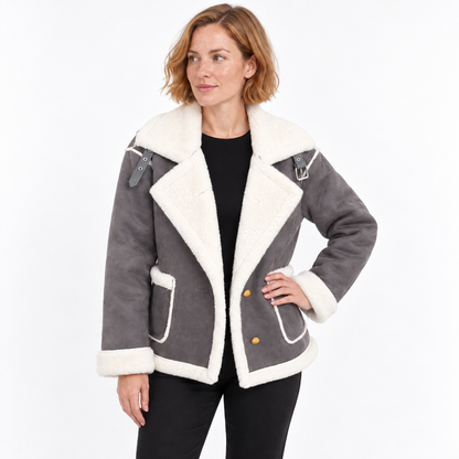 Damska Kurtka Zamszowa z Wykończeniem Shearling - Szary