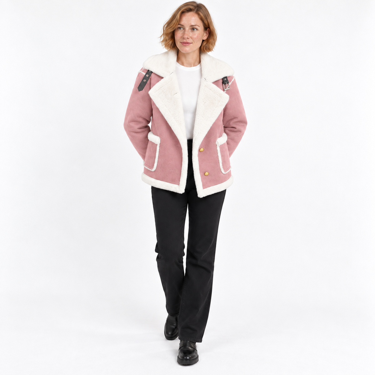 Damska Kurtka Zamszowa z Wykończeniem Shearling - Różowy