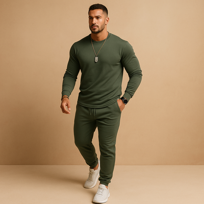 Męski Dres Dopasowany z Bluzą i Joggerami - Zielony Khaki