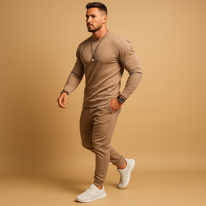 Męski Dres Dopasowany z Bluzą i Joggerami - Khaki