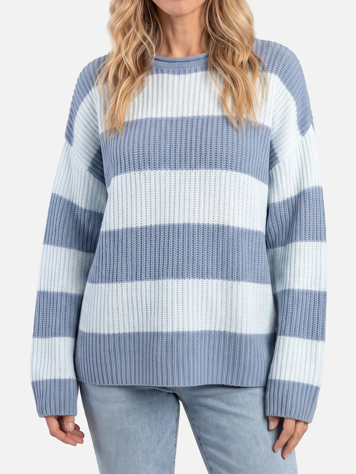 Damski Sweter Oversize w Paski z Bufiastymi Rękawami