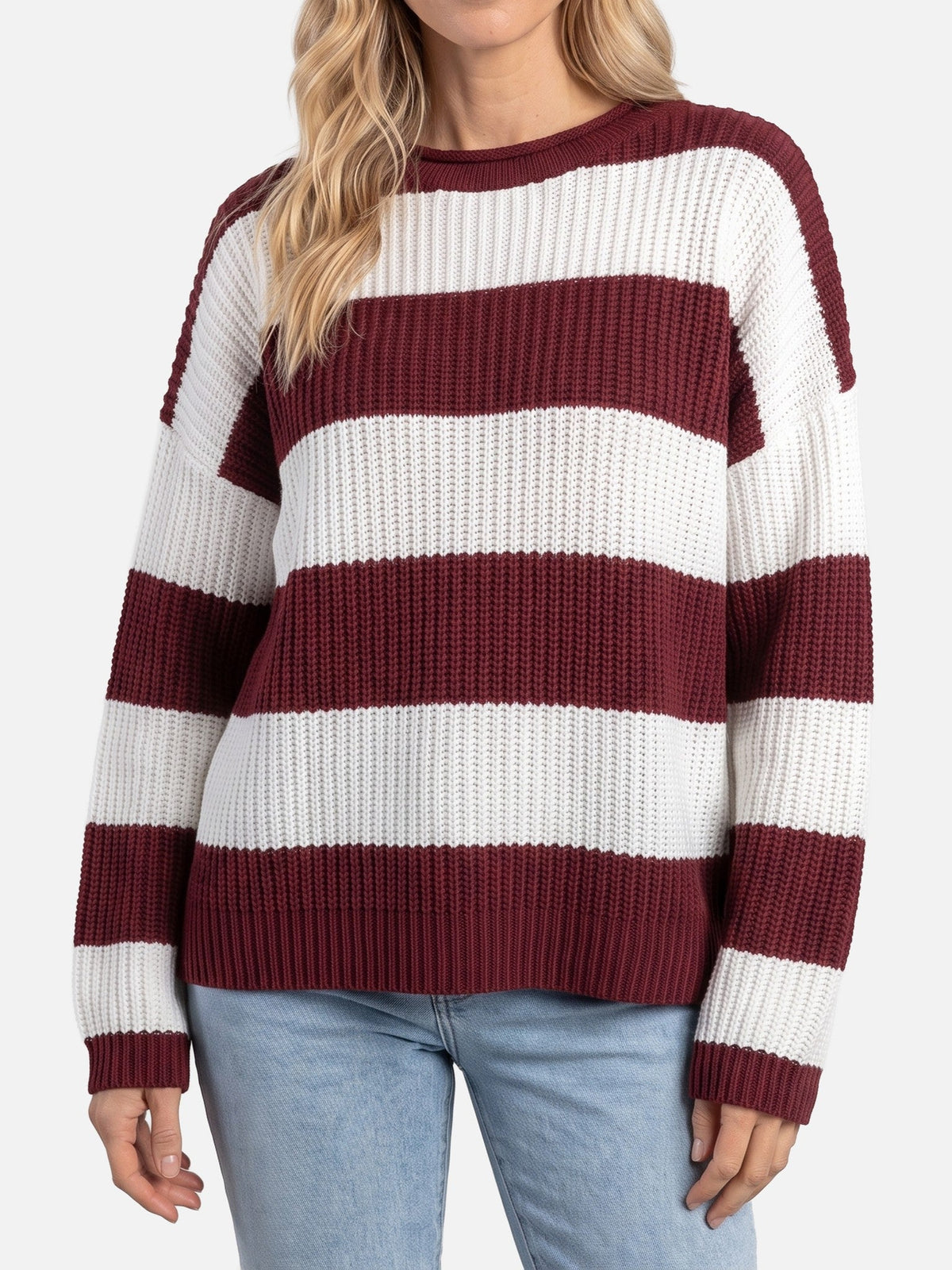 Damski Sweter Oversize w Paski z Bufiastymi Rękawami