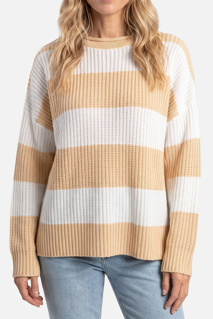 Damski Sweter Oversize w Paski z Bufiastymi Rękawami